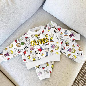 Personalized Name Cartoon Dog Kids Sweatsuit, Custom Peanut Dog Toddler Baby, Custom Cartoon Sweatshirt and Sweatpants For Kids Baby Shower