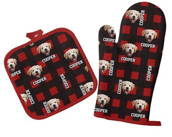 Gepersonaliseerde ovenwant en pannenlap set met hondenprint, Buffalo Plaid keukendecoratie, gepersonaliseerd huisdiercadeau