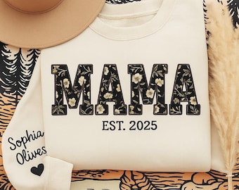 Personalized Mama Sweatshirt, Floral Letter Print, Custom Est. Date, Mother's Day Gift