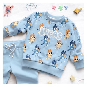 Personalized Name Blue and Friends Kids Sweatsuit, Cute Blue Dog Toddler Baby, Custom Cartoon Sweatshirt and Sweatpants For Kids Baby Shower