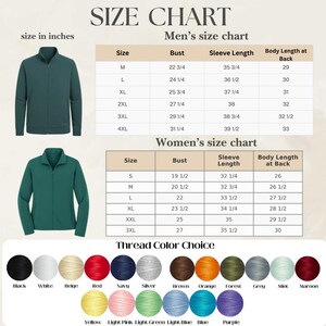 May include: Size chart with measurements in inches for men's and women's zip-up jackets. Includes bust, sleeve length, and body length at back measurements. Also shows thread color choices: black, white, beige, red, navy, silver, brown, orange, forest, grey, mint, maroon.