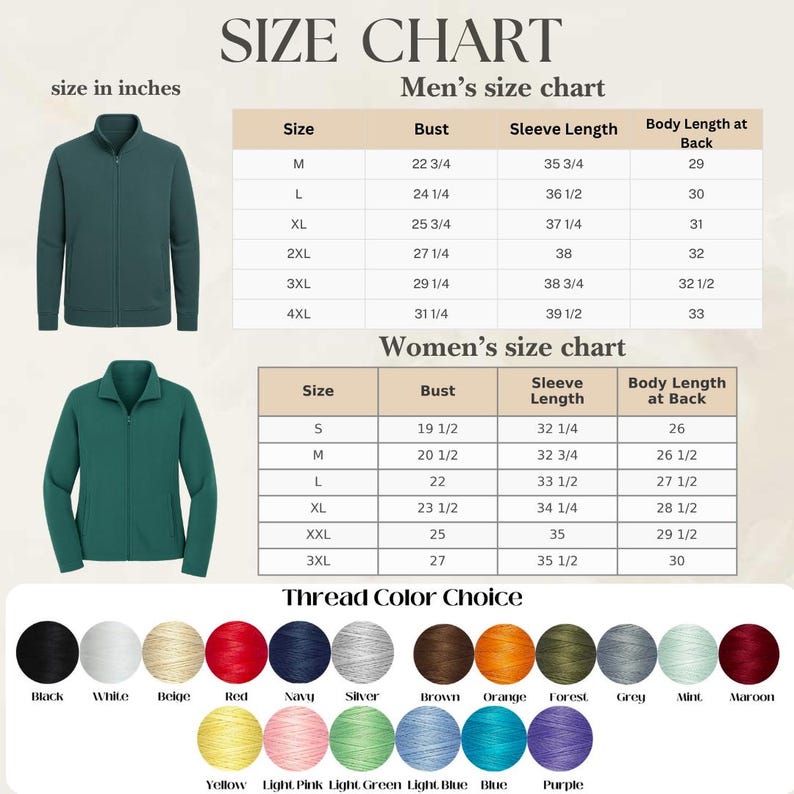 May include: Size chart with measurements in inches for men's and women's zip-up jackets. Includes bust, sleeve length, and body length at back measurements. Also shows thread color choices: black, white, beige, red, navy, silver, brown, orange, forest, grey, mint, maroon.