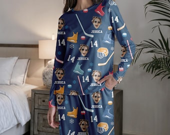 Gepersonaliseerde hockeypyjamaset - Pyjama met eigen gezicht en nummer - Damesnachtkleding