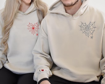 Felpa con cappuccio ricamata a forma di cuore e ragnatela - Felpe coordinate per coppie per Halloween