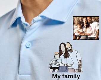 Polo shirt met gepersonaliseerd familieportret en borduurwerk - Borduurwerk met contouren - Foto om te laten borduren als cadeau