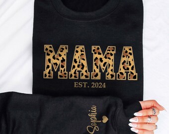 Personalized Mama Sweatshirt, Leopard Print Mom Est. 2024, Custom Name Sleeve, New Mom Gift