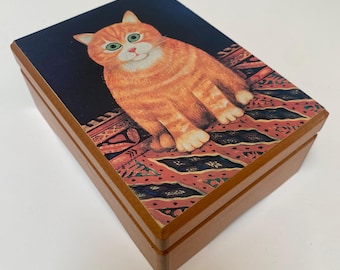 Caja de música de madera vintage que reproduce FEELINGS ~ Caja de música con forro de terciopelo rojo y dibujos de gatitos ~ Auténtica caja de música vintage Martin Leman "Morley Ben" con mecanismo de cuerda