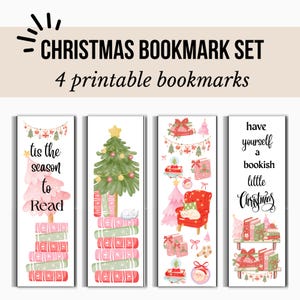 Puede incluir: Un conjunto de cuatro marcadores imprimibles con temática navideña. Cada marcador presenta un diseño único, que incluye árboles de Navidad, regalos y texto festivo. Los marcadores están decorados con colores rosa, verde y rojo. El texto en los marcadores incluye "tis the season to read" y "have yourself a bookish little Christmas".