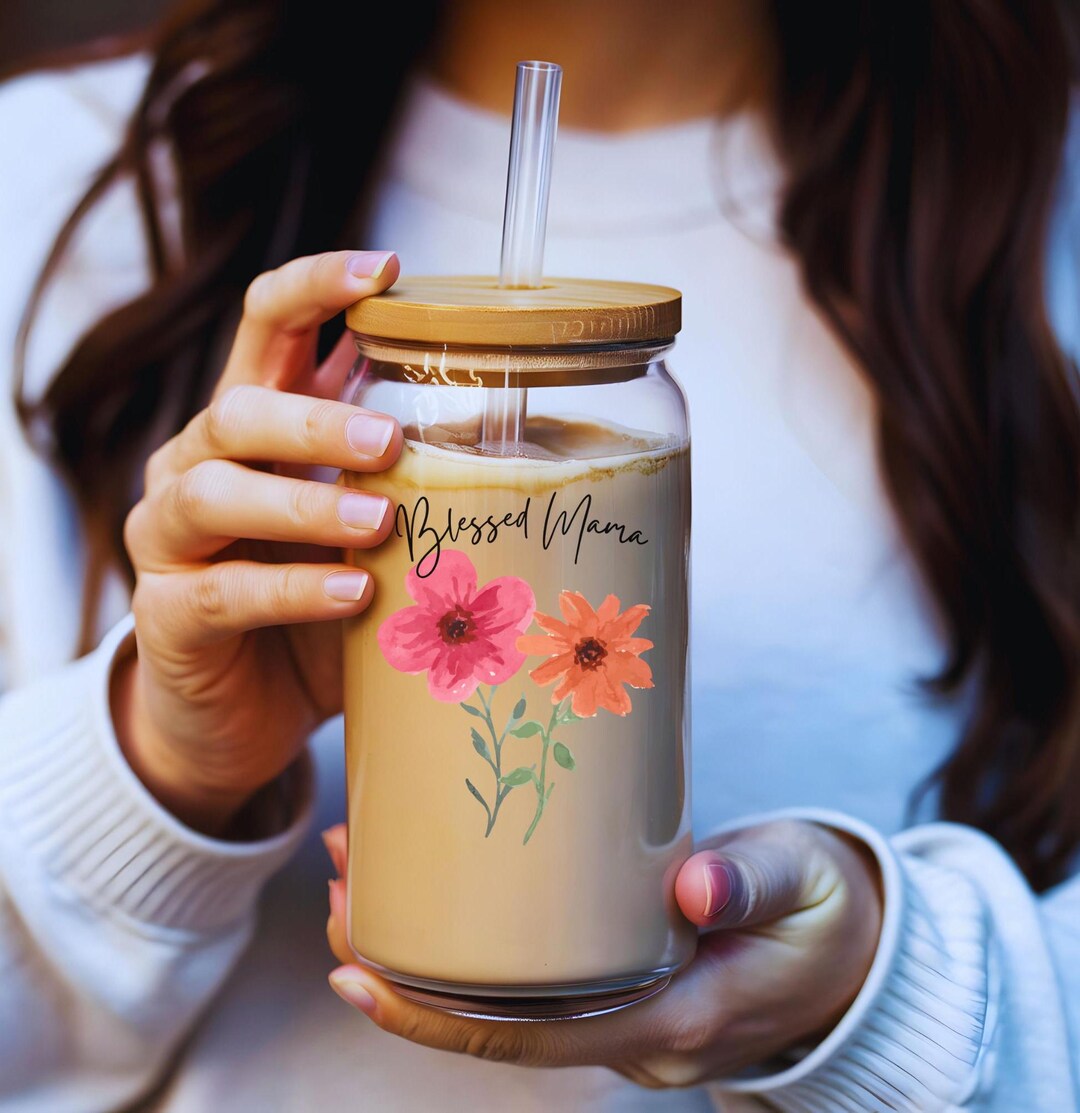 Mama Glass Tumbler, Blessed Mama, Iced Coffee Cup With Bamboo Lid ...
