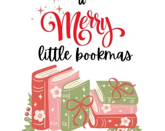 Może przedstawiać: Świąteczna ilustracja z napisem "have yourself a Merry little bookmas". Obraz przedstawia stos książek w kolorze czerwonym, różowym i zielonym, ozdobionych kwiatowymi i kokardkowymi detalami. Girlanda z ozdobami świątecznymi zdobi dół.