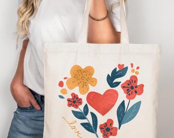 Floral Heart Canvas Tote Bag, Valentine's Day Gift