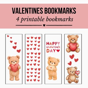 Puede incluir: Cuatro marcapáginas imprimibles para el Día de San Valentín. Cada marcapáginas presenta un oso de peluche con corazones y las palabras "Happy Valentine's Day". Los marcapáginas tienen un fondo rosa con las palabras "VALENTINES BOOKMARKS" en la parte superior.