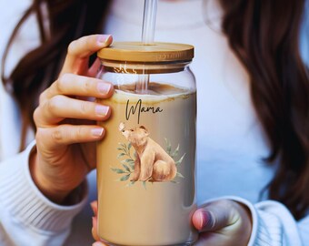 Mama Glass Can, Mama Bear Tumbler, Iced Coffee Cup with Bamboo Lid & Straw, Mother's Day Gift