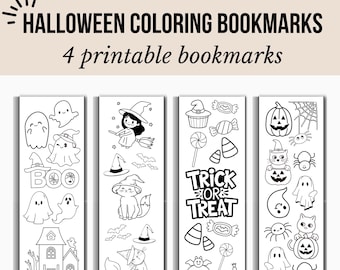 May include: Four printable Halloween coloring bookmarks. Each bookmark features black and white illustrations of ghosts, witches, cats, pumpkins, candy, and the words "Trick or Treat" and "Boo".