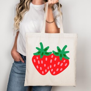 Strawberry Tote Bag, Fruit Tote Bag, Cottagecore Tote Bag, Gift for Her, Reusable Shopping Bag, Farmers Market Bag, Strawberry Canvas Tote