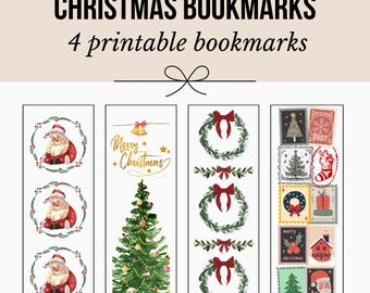 Puede incluir: Cuatro marcadores navideños imprimibles. Los diseños incluyen a Papá Noel en una corona, un árbol de Navidad decorado, coronas verdes con lazos rojos y diseños de sellos postales navideños. El texto "Christmas Bookmarks" está en la parte superior.