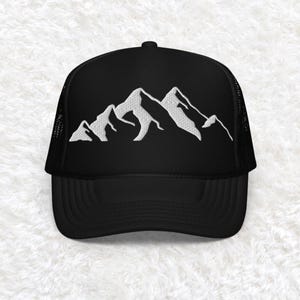 Embroidered Mountain Trucker Hat, hiking hat, hiking trucker hat, women hiking hat, hiking dad hat, mountain hat, camping hat, adventure hat