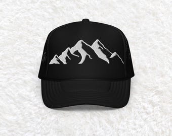 Embroidered Mountain Trucker Hat, hiking hat, hiking trucker hat, women hiking hat, hiking dad hat, mountain hat, camping hat, adventure hat
