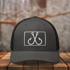 Geborduurde vishaak truckerpet, vissen trucker pet, vissen cadeaus voor mannen, cadeau visser, heren visgraathoed, vishoed voor vader