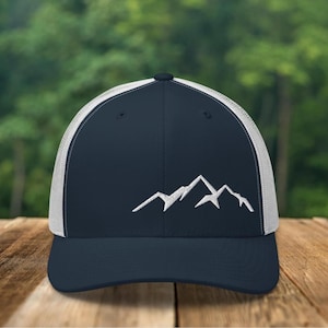 Embroidered Mountain Trucker Hat, hiking hat, hiking trucker hat, mens hiking hat, hiking dad hat, mountain hat, camping hat, adventure hat