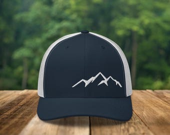 Embroidered Mountain Trucker Hat, hiking hat, hiking trucker hat, mens hiking hat, hiking dad hat, mountain hat, camping hat, adventure hat