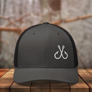 Embroidered Fishing Hook Trucker Hat, fishing trucker cap, fishing gifts for men, fisherman gift, mens fishing hook hat, fishing hat for dad