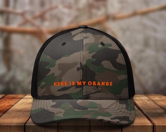 Hier is mijn oranje camouflagehoed geborduurd, camouflagejachthoed, jachttruckerhoed, hertenjachtcadeau, cadeau voor hem, grappige herenjachthoed