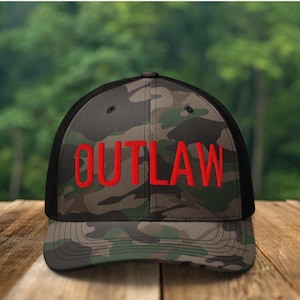 Embroidered Outlaw Hat, outlaw women hat, outlaw cowboy hat, retro camo hat, mens camo hat, womens camo hat, redneck dad hat, gift for mom