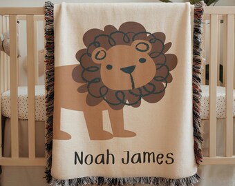 Personalized lion baby blanket custom name baby boy safari nursery decor jungle themed baby shower