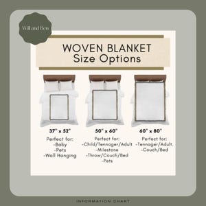May include: An information chart for woven blankets, with size options displayed on beds. The sizes are 94 x 132 cm, 127 x 152 cm, and 152 x 203 cm. The chart includes the text "Will and Ben" and "Woven Blanket Size Options".