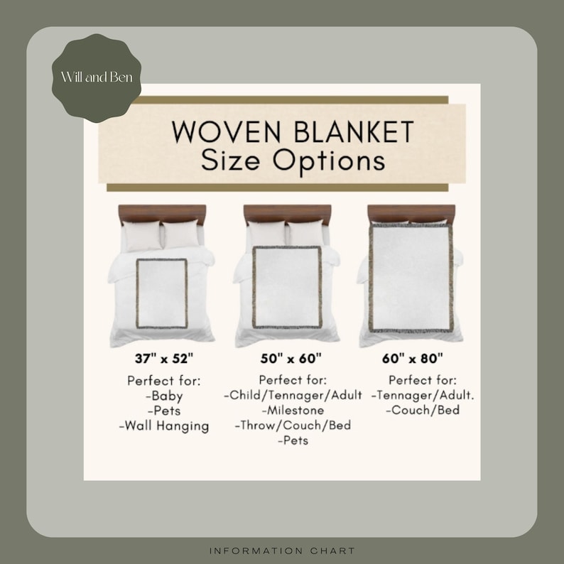 May include: An information chart for woven blankets, with size options displayed on beds. The sizes are 94 x 132 cm, 127 x 152 cm, and 152 x 203 cm. The chart includes the text "Will and Ben" and "Woven Blanket Size Options".