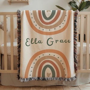 Manta de bebé personalizada con nombre de arcoíris bohemio, nombre personalizado para niña, decoración de guardería bohemia, manta con nombre, regalo para baby shower