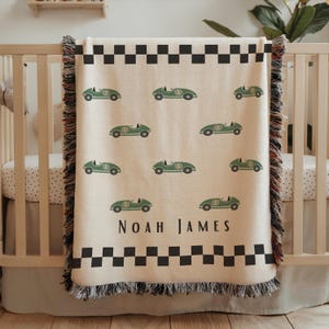 Personalized Vintage Racing Car Blanket, Custom Baby or Kids Name, Green Race Car Nursery Throw, Woven Blanket for Boys Room Decor race car