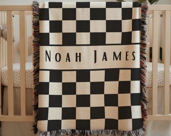Personalized checkered name baby blanket custom name baby boy classic nursery decor name blanket baby shower gift