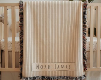 Personalized baby name blanket neutral stripes baby room decor