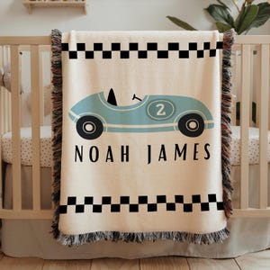Personalized Vintage Racing Car Blanket, Custom Baby or Kids Name, Blue Race Car Nursery Throw, Woven Blanket for Boys Room Decor race car