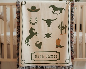 Coperta per culla personalizzata in stile western, coperta per neonato con nome da cowboy, coperta in tessuto western per neonato, decorazione per cameretta dei bambini a forma di cavallo.