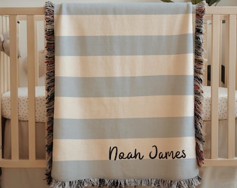Baby boy blanket blue stripes with name, custom name nursery decor