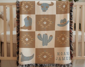 Personalized cowboy woven baby blanket nursery western decor baby shower baby boy