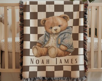 Coperta personalizzata per neonato, orsacchiotto a scacchi, decorazione per cameretta, coperta con nome personalizzato, orsetto