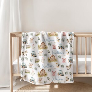 Personalized Farm Animal Blanket, Cozy Microfiber Throw, Child's Nursery Decor, Baby Gift, Baby Name Blanket, Farmhouse Theme