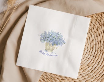Servilletas de baby shower con estampado de hortensias, ideales para decorar la mesa de cumpleaños o baby shower.