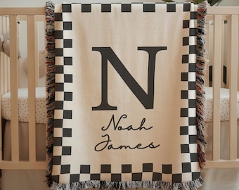 Personalized Checkered Baby Blanket Custom Name Nursery Decor boy