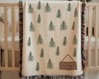 Personalized baby blanket woodland forest themed nursery baby boy name blanket trees wood sign