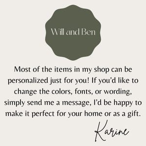 May include: A graphic featuring the text "Will and Ben" in white on a dark green irregular shape. Text below states items can be personalised. The signature "Karine" is at the bottom.