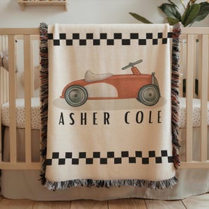 Personalized Vintage Racing Car Blanket, Custom Baby or Kids Name, Race Car Nursery Throw, Woven Blanket for Boys Room Decor race car