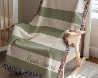 Personalized Baby Blanket with name Green Stripes, Custom Name newborn crib blanket