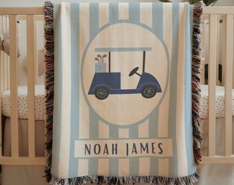 Personalized golf kart blue baby blanket golf themed nursery decor