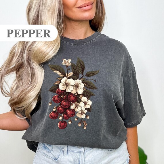 Cherry T-Shirt Comfort Colors, Red Berry Floral Shirt, Vintage Fruit Graphic Tee, Boho Garden Lover Gift, Soft Aesthetic Summer Top