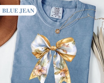 Coquette Floral Bow Comfort Colors® Shirt Cute Vintage Bow T-Shirt Pastel Graphic Tee for Women Girly Cottagecore Aesthetic Tee Gift for Her
